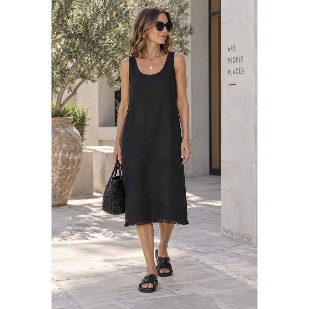Theory Black Linen Fringe Hem Scoop Neck Midi Shift Dress M